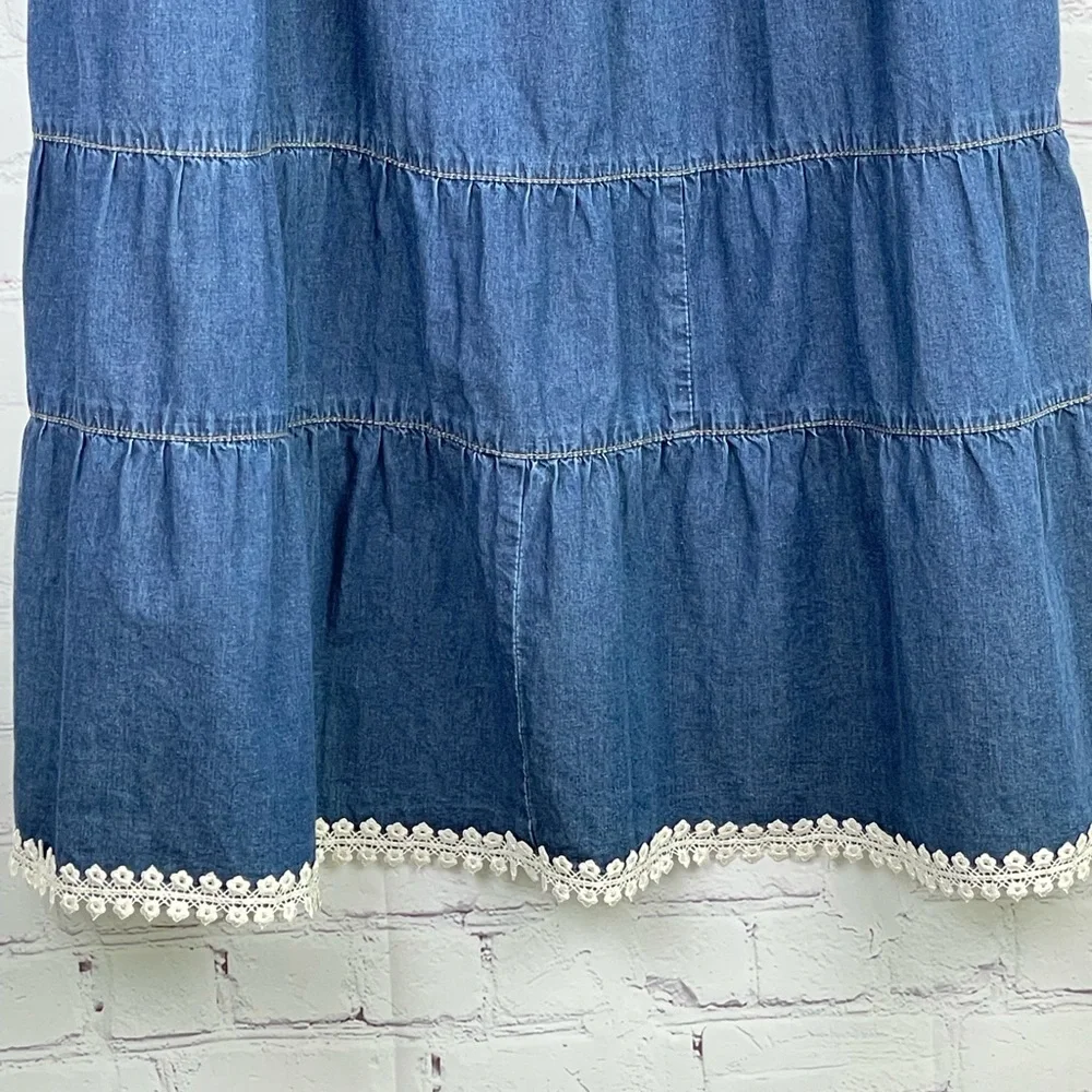 Studio Wear Apparel Tiered Ombré Long Denim Skirt w/Lace Hem Size Small Pull On - Picture 4 of 9